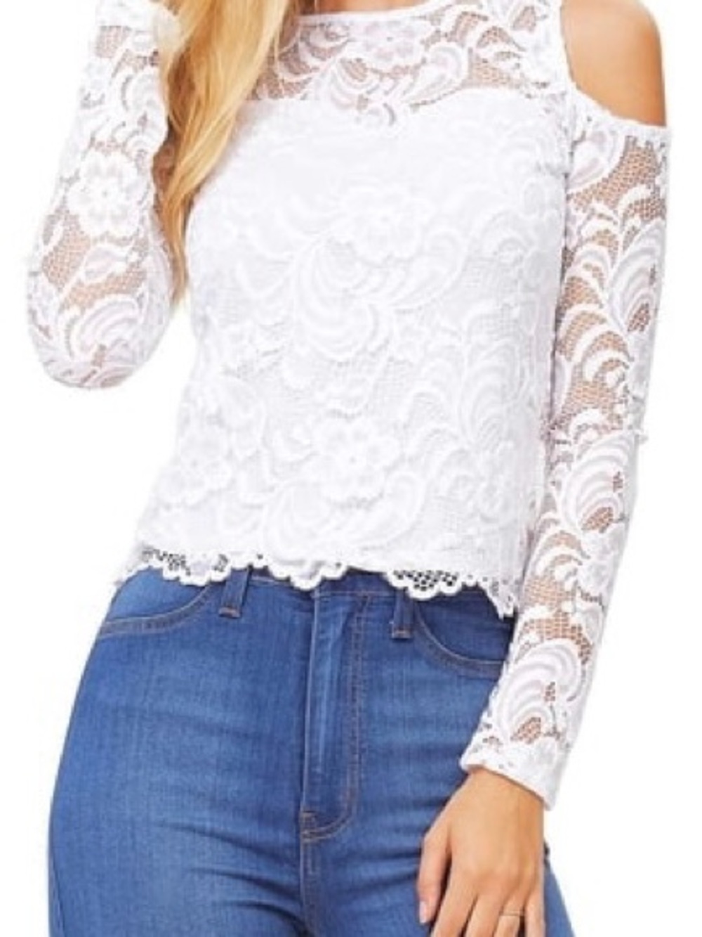Papaya White Lace Cold-Shoulder Top